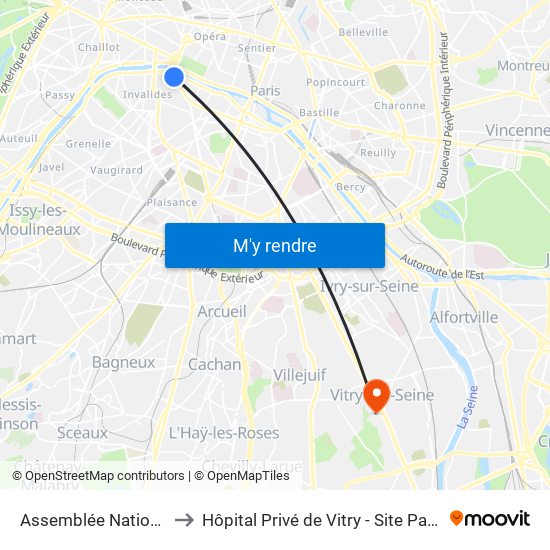 Assemblée Nationale to Hôpital Privé de Vitry - Site Pasteur map