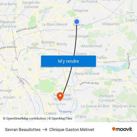 Sevran Beaudottes to Clinique Gaston Métivet map