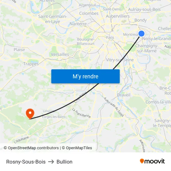 Rosny-Sous-Bois to Bullion map