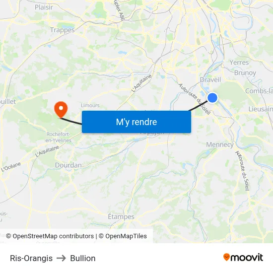 Ris-Orangis to Bullion map