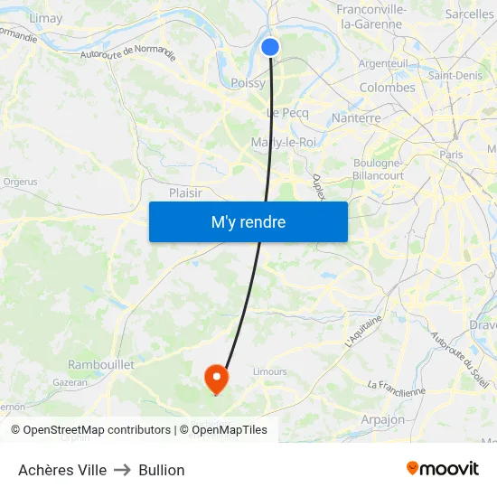 Achères Ville to Bullion map