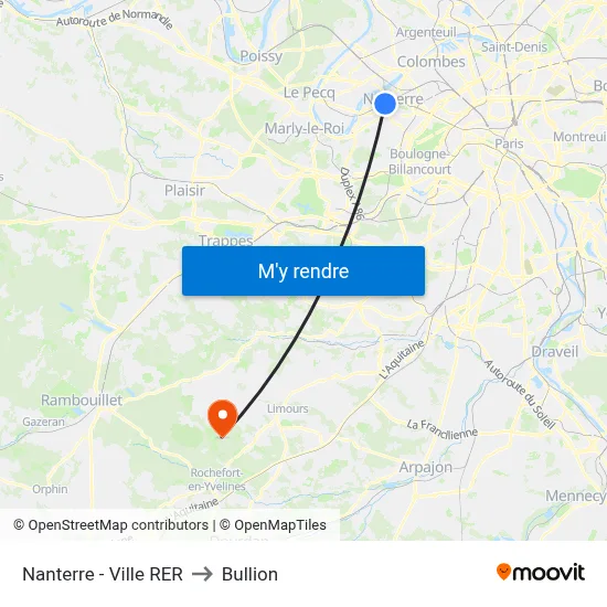 Nanterre - Ville RER to Bullion map