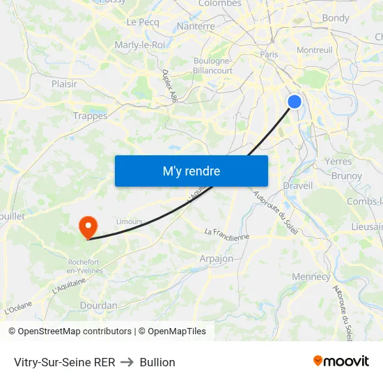 Vitry-Sur-Seine RER to Bullion map