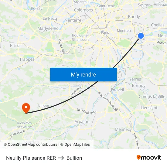 Neuilly-Plaisance RER to Bullion map