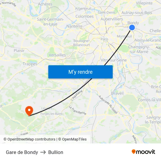 Gare de Bondy to Bullion map