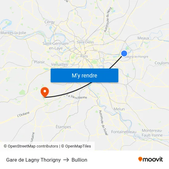 Gare de Lagny Thorigny to Bullion map