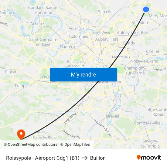 Roissypole - Aéroport Cdg1 (B1) to Bullion map