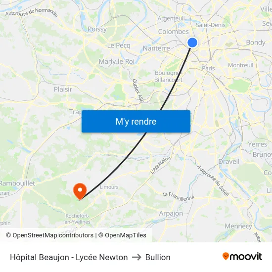 Hôpital Beaujon - Lycée Newton to Bullion map
