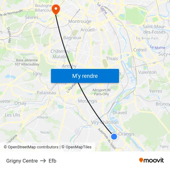 Grigny Centre to Efb map