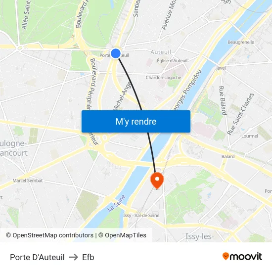 Porte D'Auteuil to Efb map