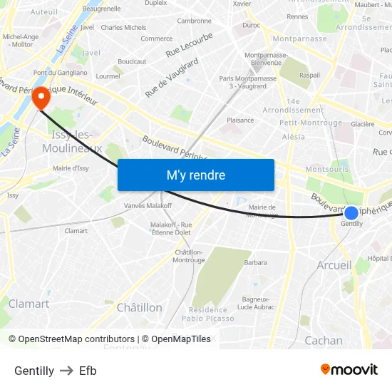 Gentilly to Efb map