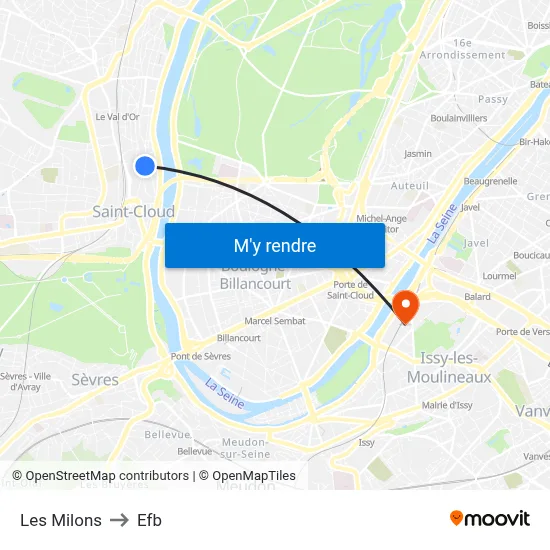 Les Milons to Efb map