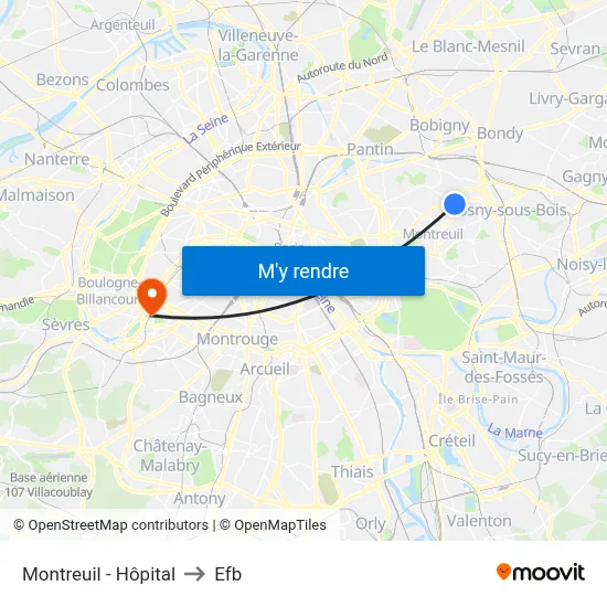 Montreuil - Hôpital to Efb map