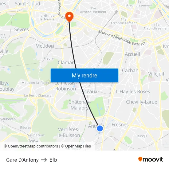 Gare D'Antony to Efb map