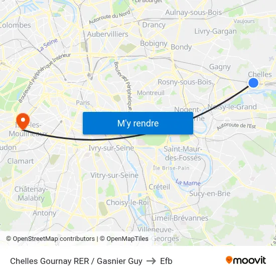 Chelles Gournay RER / Gasnier Guy to Efb map