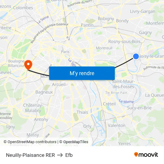 Neuilly-Plaisance RER to Efb map