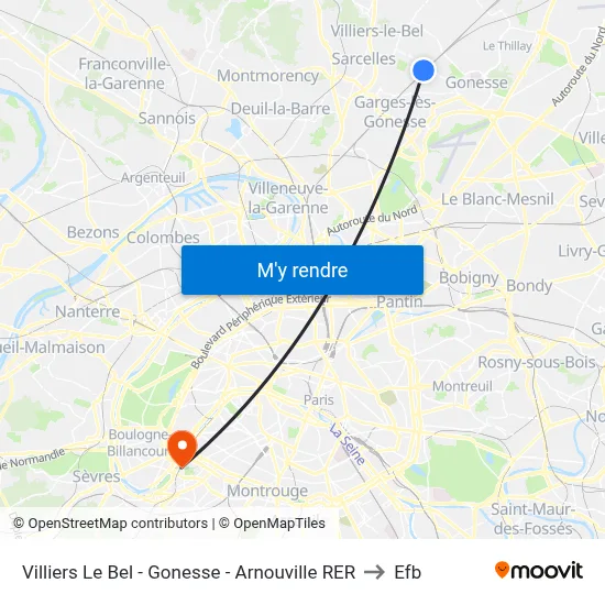 Villiers Le Bel - Gonesse - Arnouville RER to Efb map
