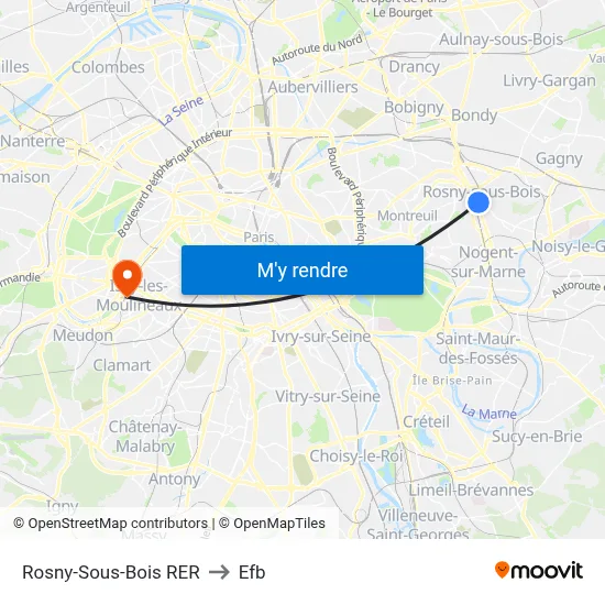 Rosny-Sous-Bois RER to Efb map