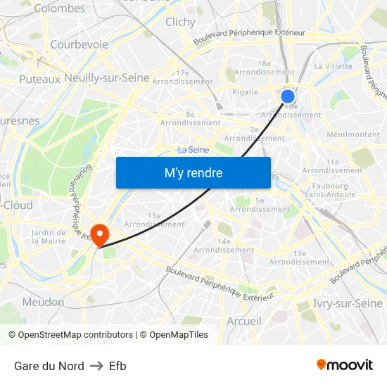 Gare du Nord to Efb map