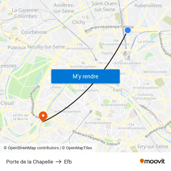 Porte de la Chapelle to Efb map