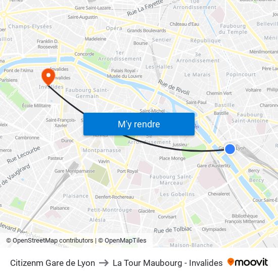 Citizenm Gare de Lyon to La Tour Maubourg - Invalides map