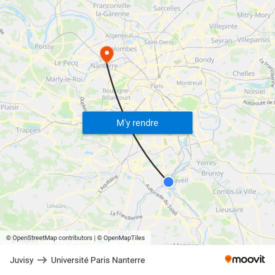 Juvisy to Université Paris Nanterre map