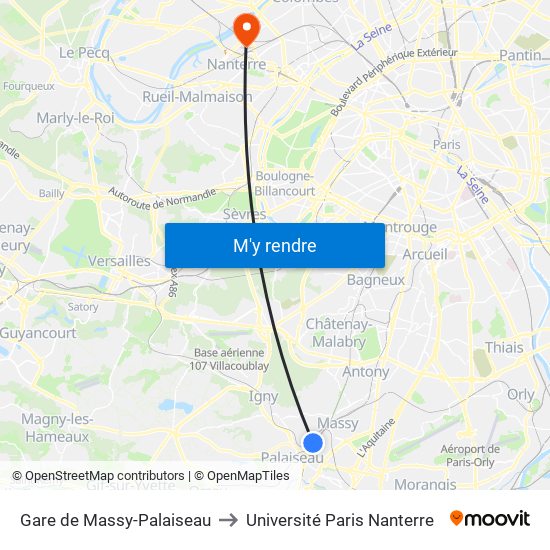 Gare de Massy-Palaiseau to Université Paris Nanterre map