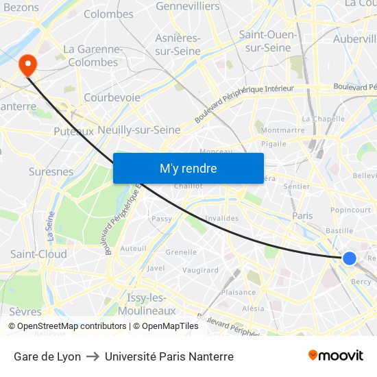Gare de Lyon to Université Paris Nanterre map