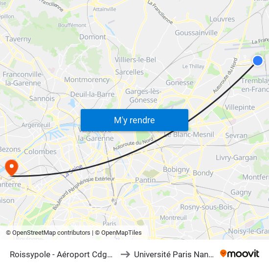 Roissypole - Aéroport Cdg1 (E2) to Université Paris Nanterre map