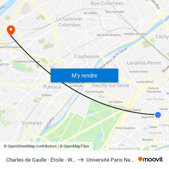 Charles de Gaulle - Étoile - Wagram to Université Paris Nanterre map