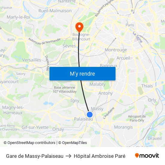Gare de Massy-Palaiseau to Hôpital Ambroise Paré map