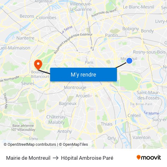 Mairie de Montreuil to Hôpital Ambroise Paré map