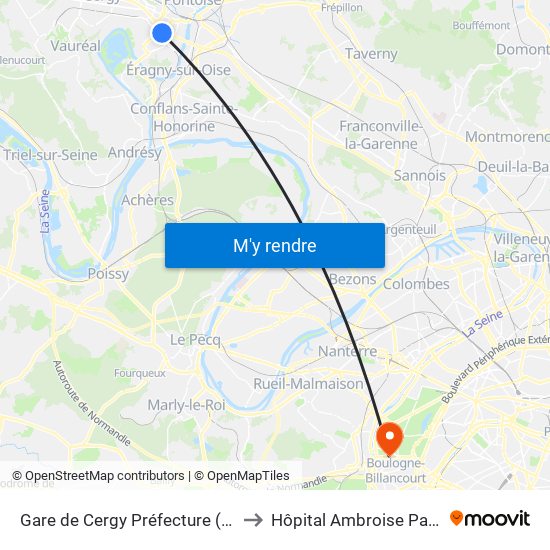 Gare de Cergy Préfecture (C) to Hôpital Ambroise Paré map