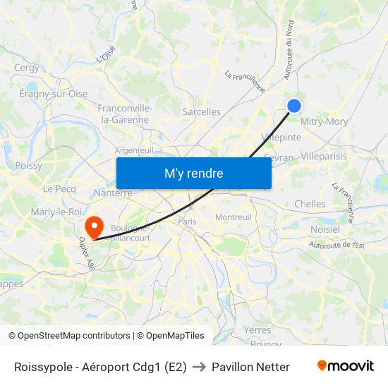 Roissypole - Aéroport Cdg1 (E2) to Pavillon Netter map