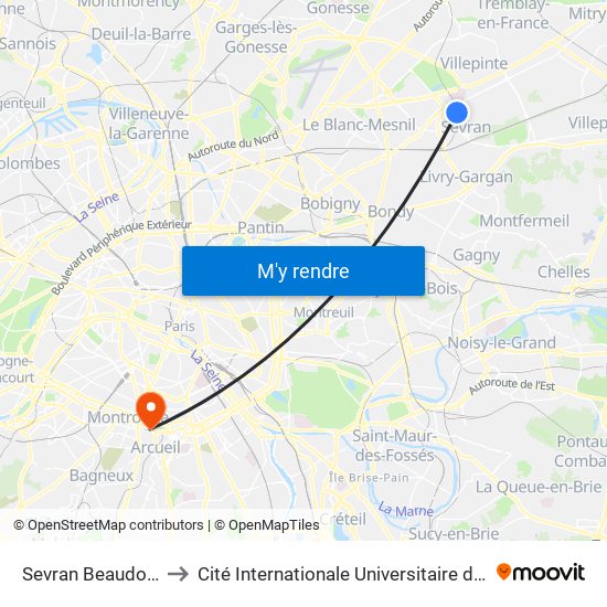 Sevran Beaudottes to Cité Internationale Universitaire de Paris map