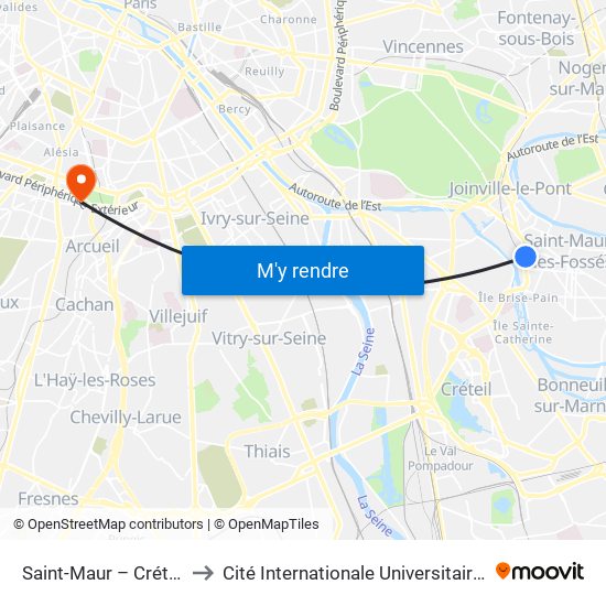Saint-Maur – Créteil RER to Cité Internationale Universitaire de Paris map