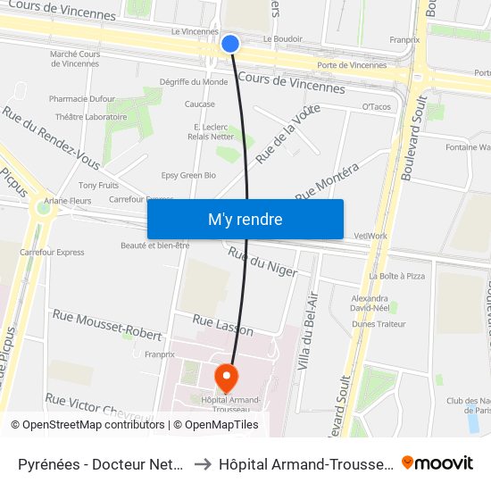 Pyrénées - Docteur Netter to Hôpital Armand-Trousseau map