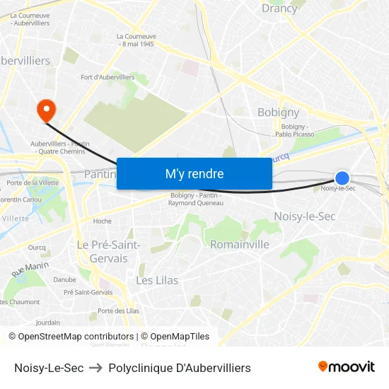 Noisy-Le-Sec to Polyclinique D'Aubervilliers map