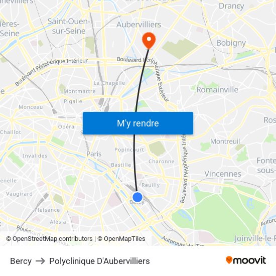 Bercy to Polyclinique D'Aubervilliers map