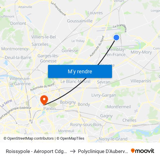 Roissypole - Aéroport Cdg1 (E2) to Polyclinique D'Aubervilliers map