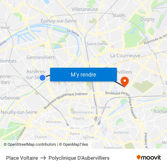 Place Voltaire to Polyclinique D'Aubervilliers map