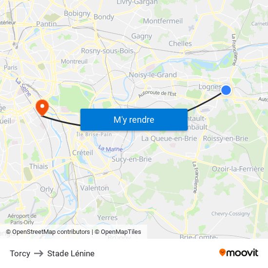 Torcy to Stade Lénine map