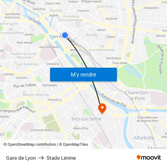 Gare de Lyon to Stade Lénine map