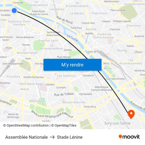 Assemblée Nationale to Stade Lénine map