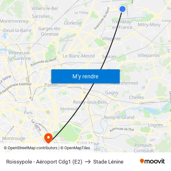 Roissypole - Aéroport Cdg1 (E2) to Stade Lénine map