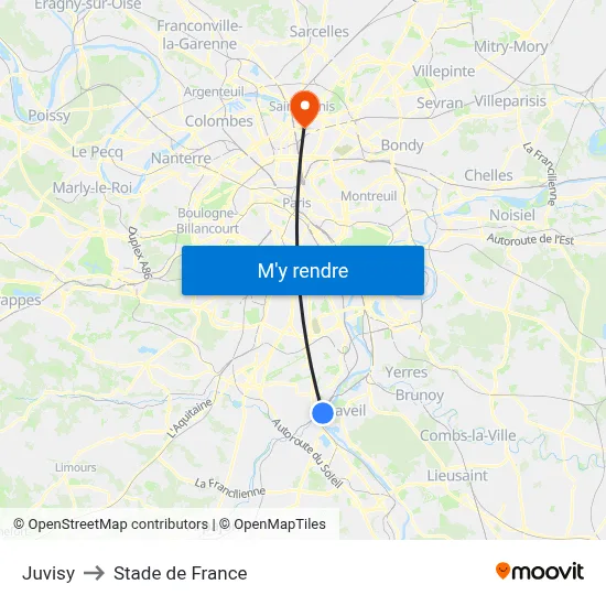 Juvisy to Stade de France map