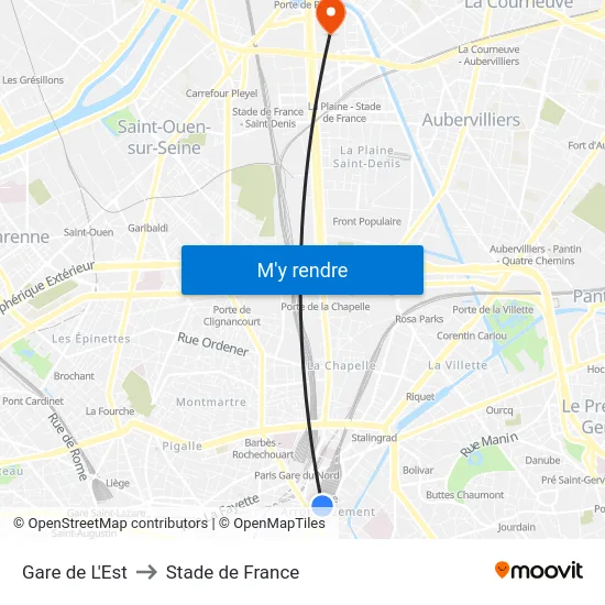 Gare de L'Est to Stade de France map