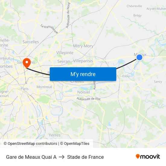 Gare de Meaux Quai A to Stade de France map