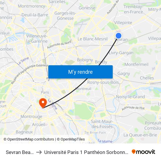 Sevran Beaudottes to Université Paris 1 Panthéon Sorbonne Centre René-Cassin map