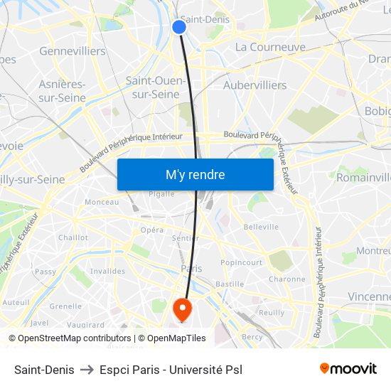 Saint-Denis to Espci Paris - Université Psl map